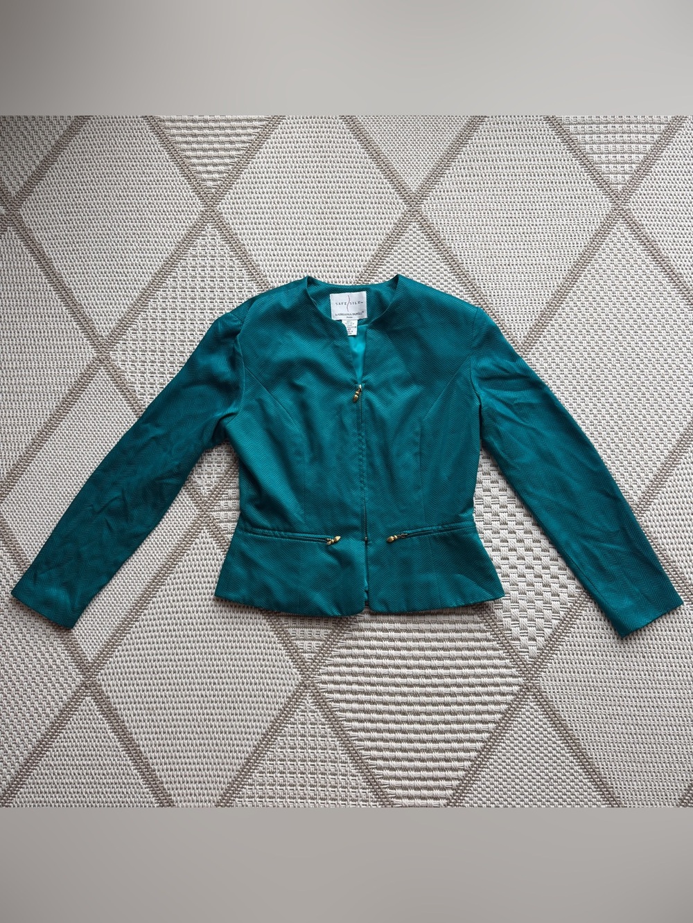 VTG 90s Adrianna Papell Silk Teal Emerald Chevron Peplum Zip Jacket Blazer 4P